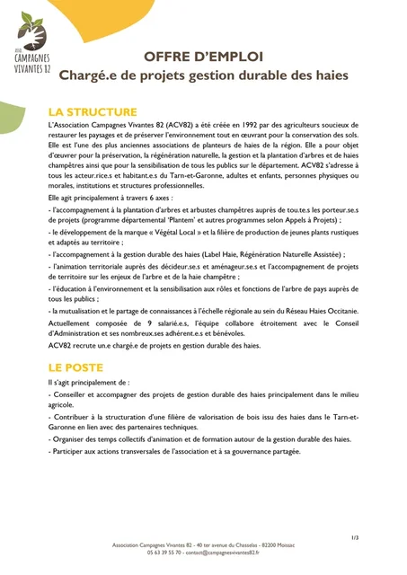 recrutement, emploi, Association Campagnes Vivantes 82